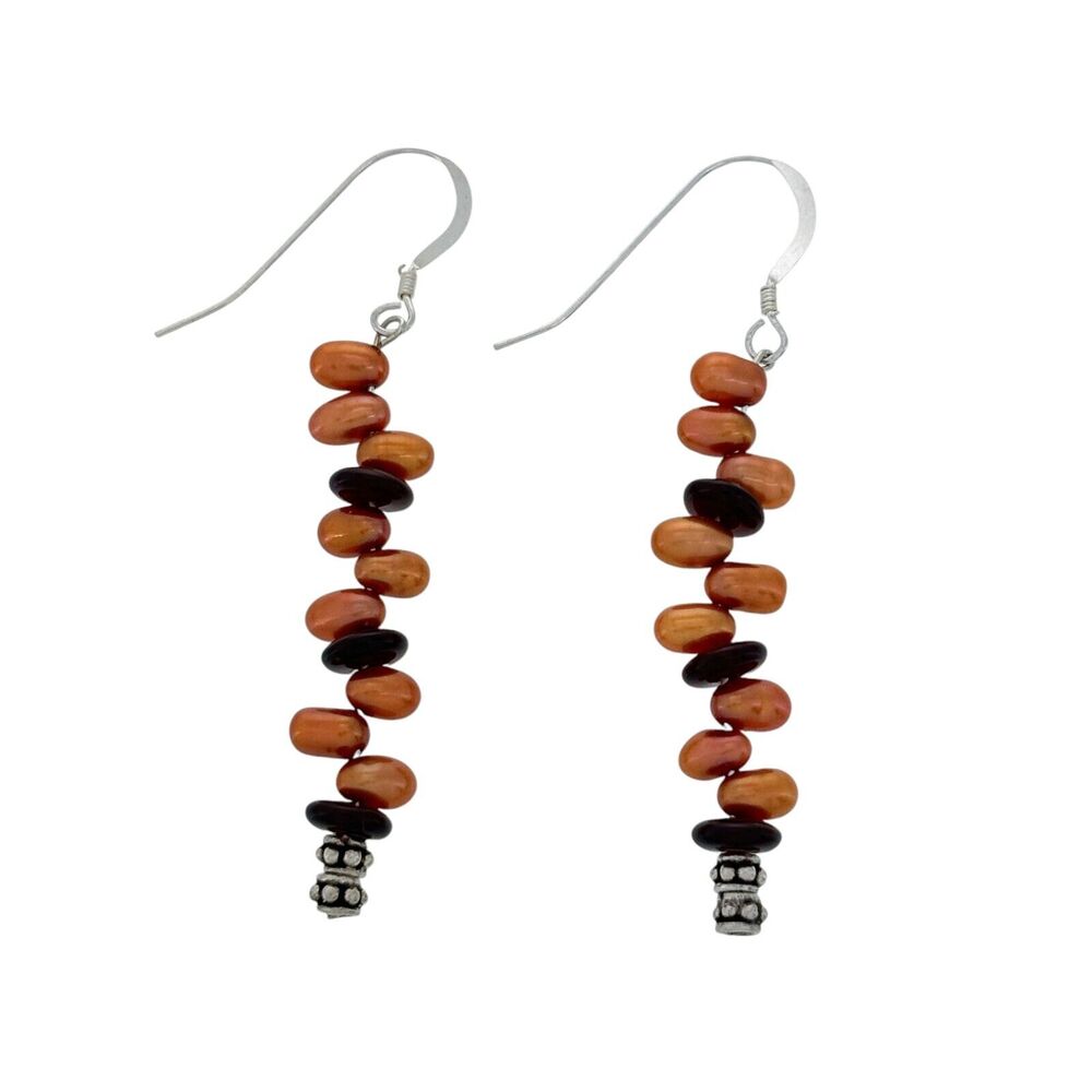 Estate Sterling Silver 925 Orange Pearl Glass Beaded Dangle Earrings